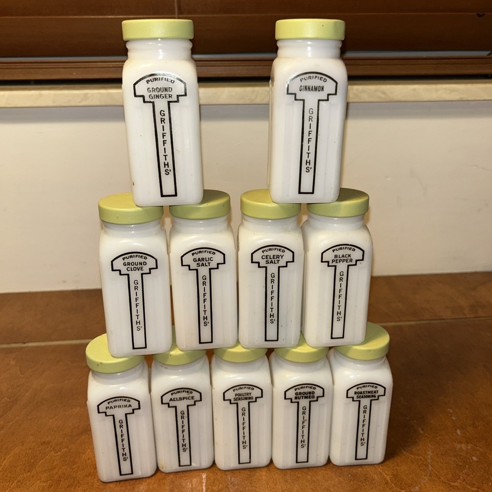 Vtg Mid Century Griffiths' Spice Jars Art Deco Milk Glass Metal Lot Of 11